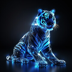 a tiger in blue light on dark background