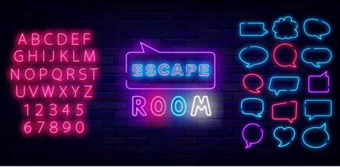 Foto op Plexiglas Escape room neon label. Speech bubbles frames set. Quest emblem. Game zone. Shiny pink alphabet. Vector illustration © Anastasia Gapeeva