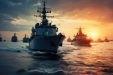 Fototapeta premium A military ship cuts through the sea waves against the backdrop of the sunset, surrounded by other ships under a dark cloudy sky.