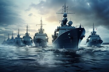 A squadron of blue-gray military ships at sea during a storm under heavy clouds.