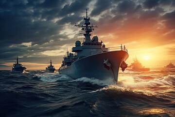 A military ship cuts through the sea waves against the backdrop of the sunset, surrounded by other ships under a dark cloudy sky. - obrazy, fototapety, plakaty