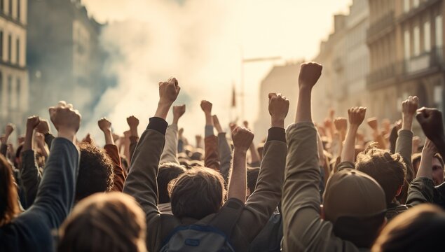 Crowd of people with raised fists at a demonstration, expressing protest and unity in an urban environment during daylight.