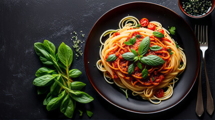 a plate of spaghetti pasta is beautifully arranged with a medley of colorful vegetables, succulent Mediterranean meat, and aromatic herbs, capturing the essence of a delicious Italian lunch