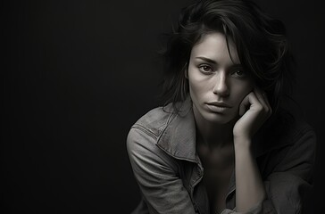 Obraz premium Portrait of a young Caucasian brunette woman with long hair, gazing intensely into the camera against a dark background.