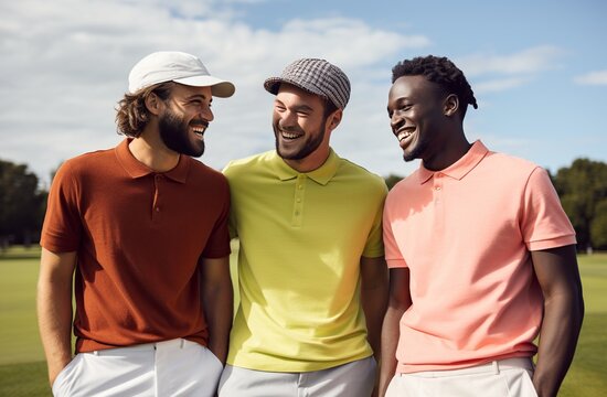 Three young men of different ethnicities in bright polo shirts smiling and talking on a golf course.