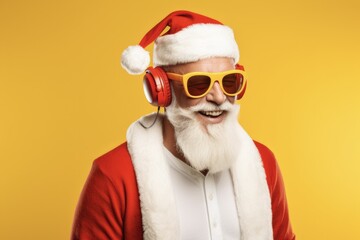 Funny Santa! Get Funky with Crazy Santa Claus DJ on Christmas Party. Celebrate with Bearded Claus in Stylish X-mas Hat and Suspenders. Let the Aged Santa Sing, Dance, and Listen to Melodies