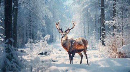 Winter Deer: Majestic Cervid in Snowy Forest. Artistic Christmas Landscape with Noble Winter Wildlife