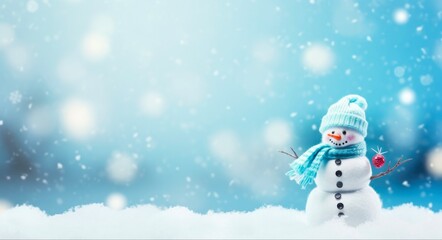 Calm Winter Background with Snowman - Christmas Greeting Card with Beautiful Blue Bokeh
