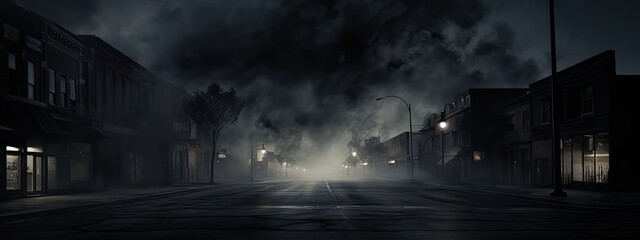 Dark gloomy empty street Smoke Smog Fog - obrazy, fototapety, plakaty