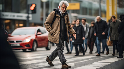 Old man trying to cross the crosswalk - obrazy, fototapety, plakaty