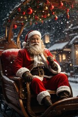 ultra realistic image, Santa Claus on Christmas sleigh, snowy environment, Generative Ai