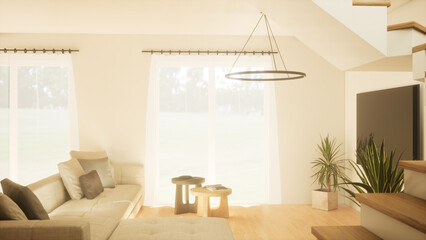 Modern luxury living room with kitchen and stairs. Stylish two floor house. 3d render