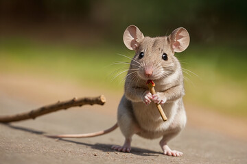 Closeup of a brown mouse with a stick in its mouth.