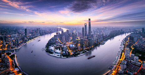 Shanghai city financial district skyline panorama at sunrise - obrazy, fototapety, plakaty