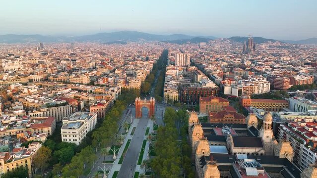 4k view of The Arc de Triomf, Urban Skyline in the city of Barcelona, Catalonia, Spain