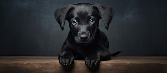 The black doggy with a cute and adorable black puppy is sitting looking at the camera creating a charming portrait of the young small and cute animal