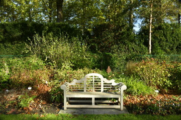 L'un des coins de repos sous la végétation luxuriante de l'arboretum de Wespelaar 