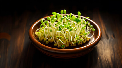 A bowl of sprouts sits on a wooden table in a well-lit room. - obrazy, fototapety, plakaty