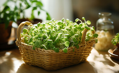A wicker basket filled with green sprouts on a wooden table