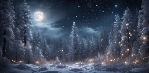 Night time Snowfall Magic Moonlit Forest Glows with Gentle Lights and Stars in a Winter Symphony.