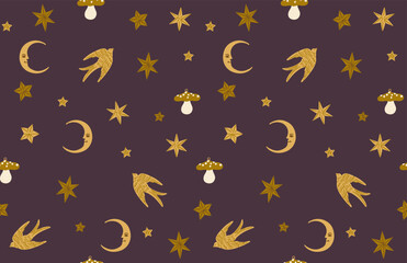 Christmas seamless pattern with golden holidays elements. Snowflakes, moon, birds and mushrooms