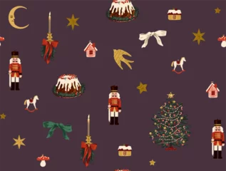 Fototapeten Christmas seamless pattern with fir tree, wreath, candles and nutcracker © NKTN