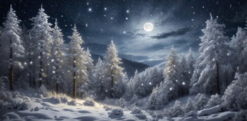 Fototapeta na wymiar Snow-Kissed Night Moonlit Forest Dressed in Snowfall, Gentle Lights, and Stars Dance Above