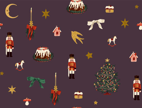 Christmas seamless pattern with fir tree, wreath, candles and nutcracker