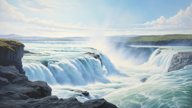 illustration of A Beautiful Gullfoss waterfall, also known as the Golden Falls, and the Olfusa river in southwest Iceland.