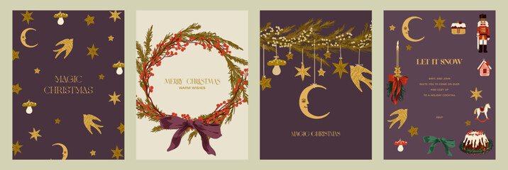 Collection of New Year's and Christmas posters. Wreath, ribbon, snowlakes and other