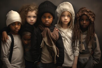 Fototapeta premium Cinq jeunes enfants habillés avec des vêtements foncés, capuche sur la tête, arrière-plan foncé