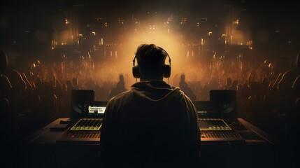 Un DJ animant une soirée musicale devant une salle remplie - obrazy, fototapety, plakaty