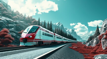Un train à grande vitesse sur fond de paysage montagneux - obrazy, fototapety, plakaty