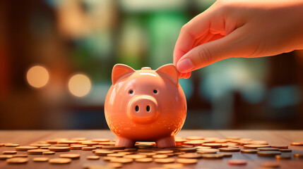 Hand puts Money in his Piggy Bank and Save for Investment and prosperous future begins with small savings discount offer insert coin