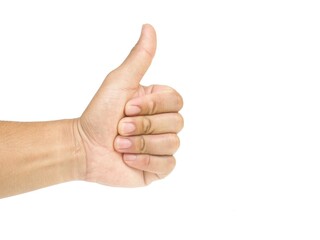 Male hand showing thumbs up on white background, business concept.