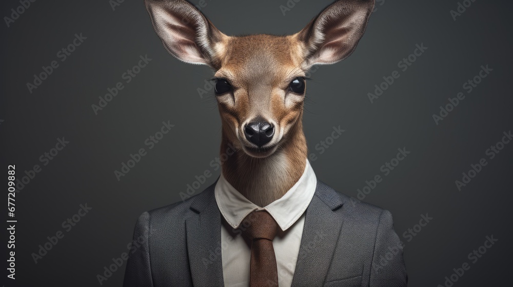 Poster a deer wearing a suit and tie in front of a black background with a black background and a gray back