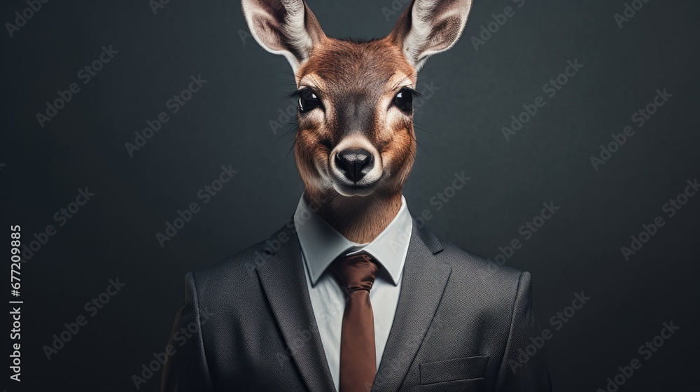 Poster a deer wearing a suit and tie in front of a dark background with only one eye visible for the camera