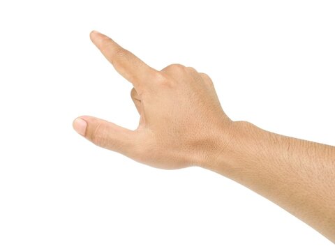Men's hands making gestures like I'm pointing at something. or touch the phone screen Isolated on white background.
