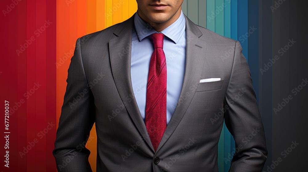 Poster a man in a suit and tie standing in front of a multicolored wall with his hands in his pockets. gene