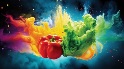 A group of colorful vegetables exploding and turning into dominant color smoke. A healthy vitamin diet.