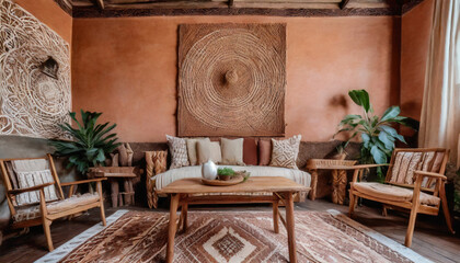 Earthy warmth prevails with terracotta walls, wooden furniture, and cozy, woven textiles.