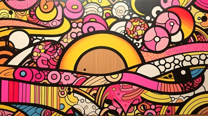 A vivid mural on a wooden table full of colorful objects and eye-catching patterns