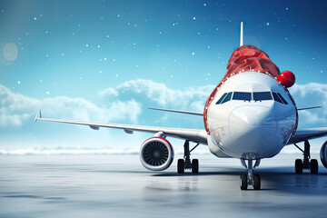 Generative AI, red and white plane in a santa claus hat flies through the sky, christmas travel, new year vacation abroad, air transport - obrazy, fototapety, plakaty