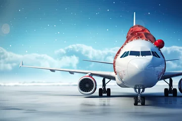 Poster Generative AI, red and white plane in a santa claus hat flies through the sky, christmas travel, new year vacation abroad, air transport © Sattawat