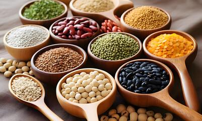 A variety of dried legumes are arranged in a bowl on a marble table.
