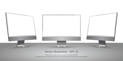 Realistic Monitor and Computer mockup with white empty display. Editable Vector Illustration.