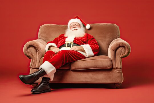 Santa Claus is resting on a red sofa.
