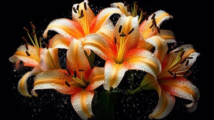 Bouquet of orange lilies with water drops on a black background. Mother's day concept with a space for a text. Valentine day concept with a copy space.