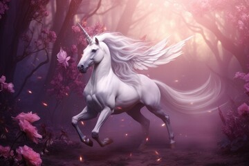 White unicorn horse running in fantasy forest