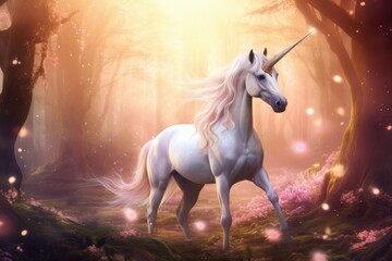 Obraz na płótnie Canvas White unicorn horse running in fantasy forest